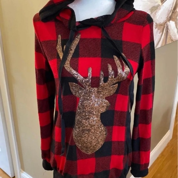 Buffalo plaid gold reindeer hoodie. Size small - Picture 2 of 4